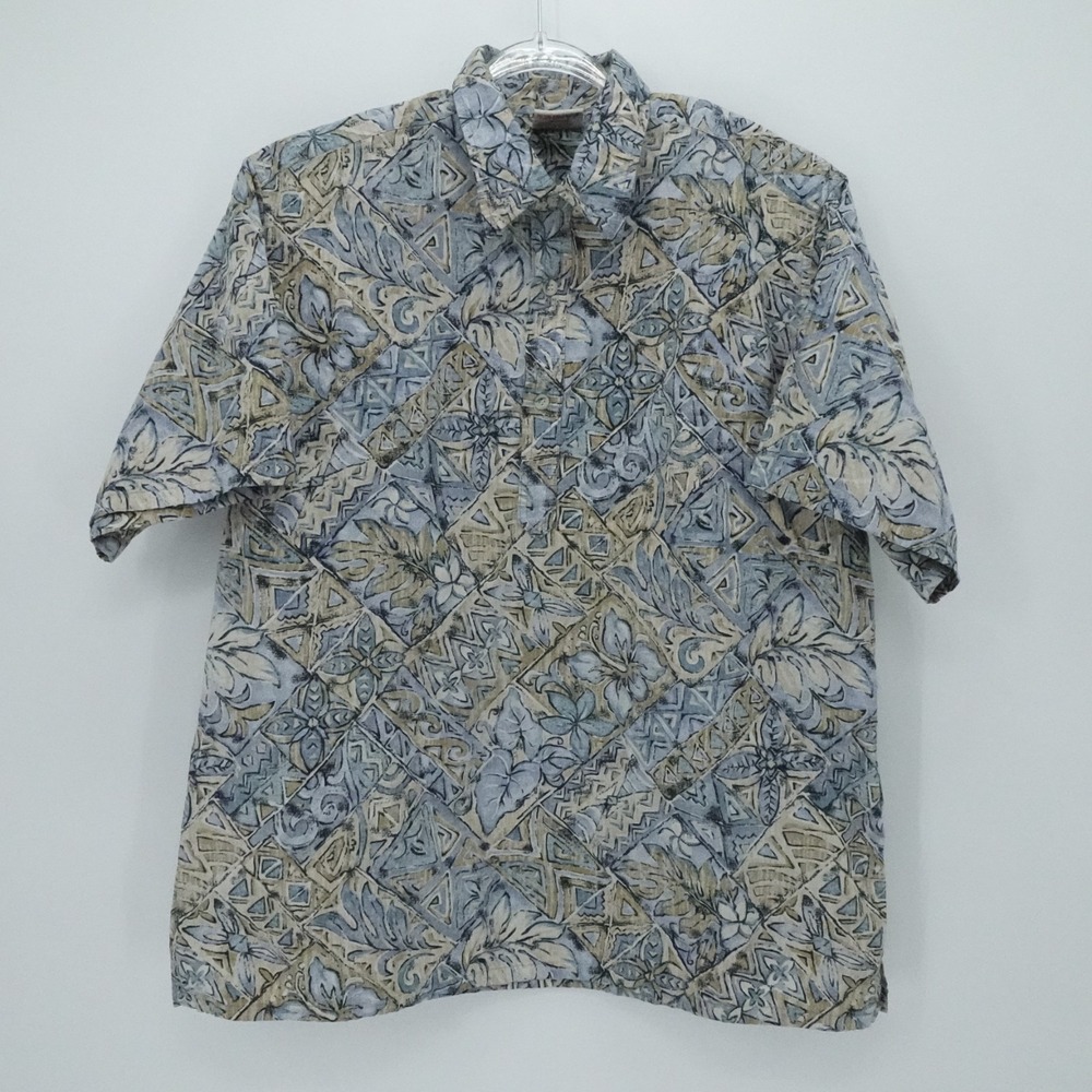 Go Barefoot Shirt Mens XL‎ Blue Beige Hawaiian Inside Out Print Pop Over Floral